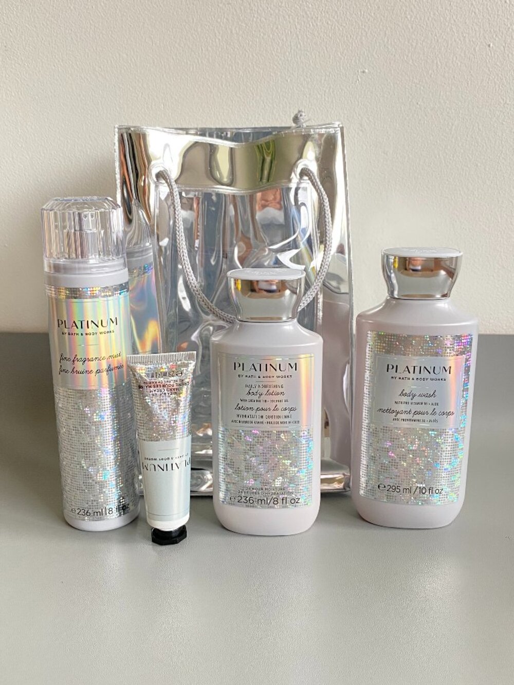 Bath & Body Works Platinum Gift Set 4pc NWT Body Wash Lotion Mist Hand Cream